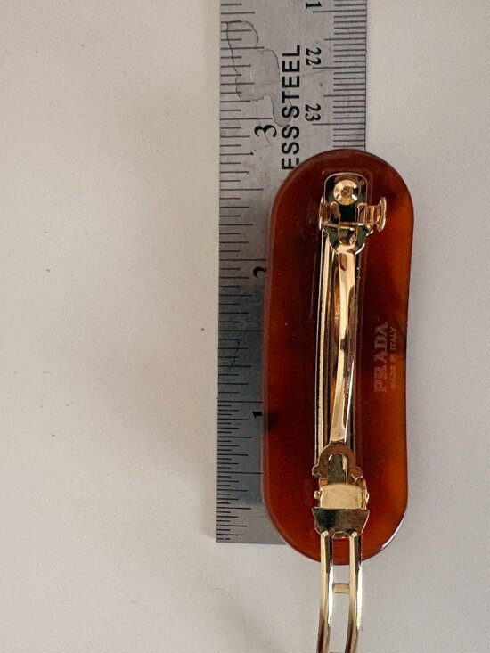 Prada Tortoiseshell Gold Logo Studded Hair Clip Barrette Made in Italy